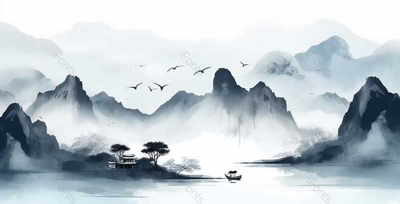 飞鸟盘旋新中式蓝色水墨意境山水画,插画/手绘图,插画/手绘图库,插画/手绘图下载,插画/手绘
